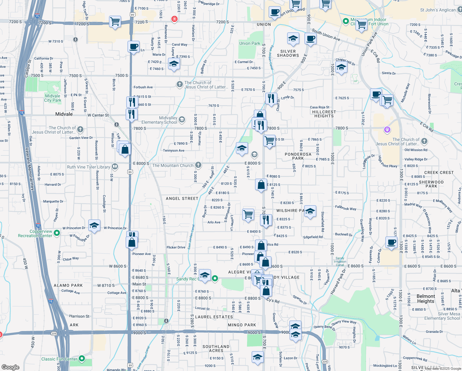 map of restaurants, bars, coffee shops, grocery stores, and more near 500 East 8120 South in Sandy