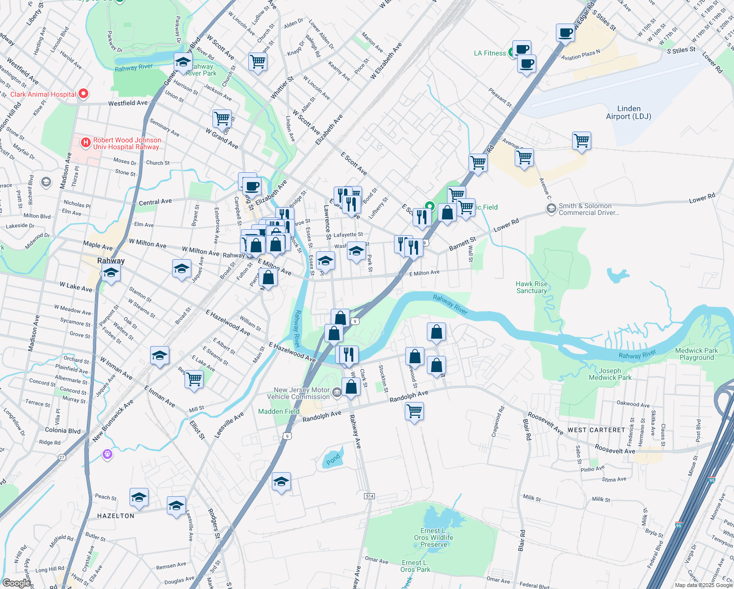 map of restaurants, bars, coffee shops, grocery stores, and more near 1608 Park St in Rahway
