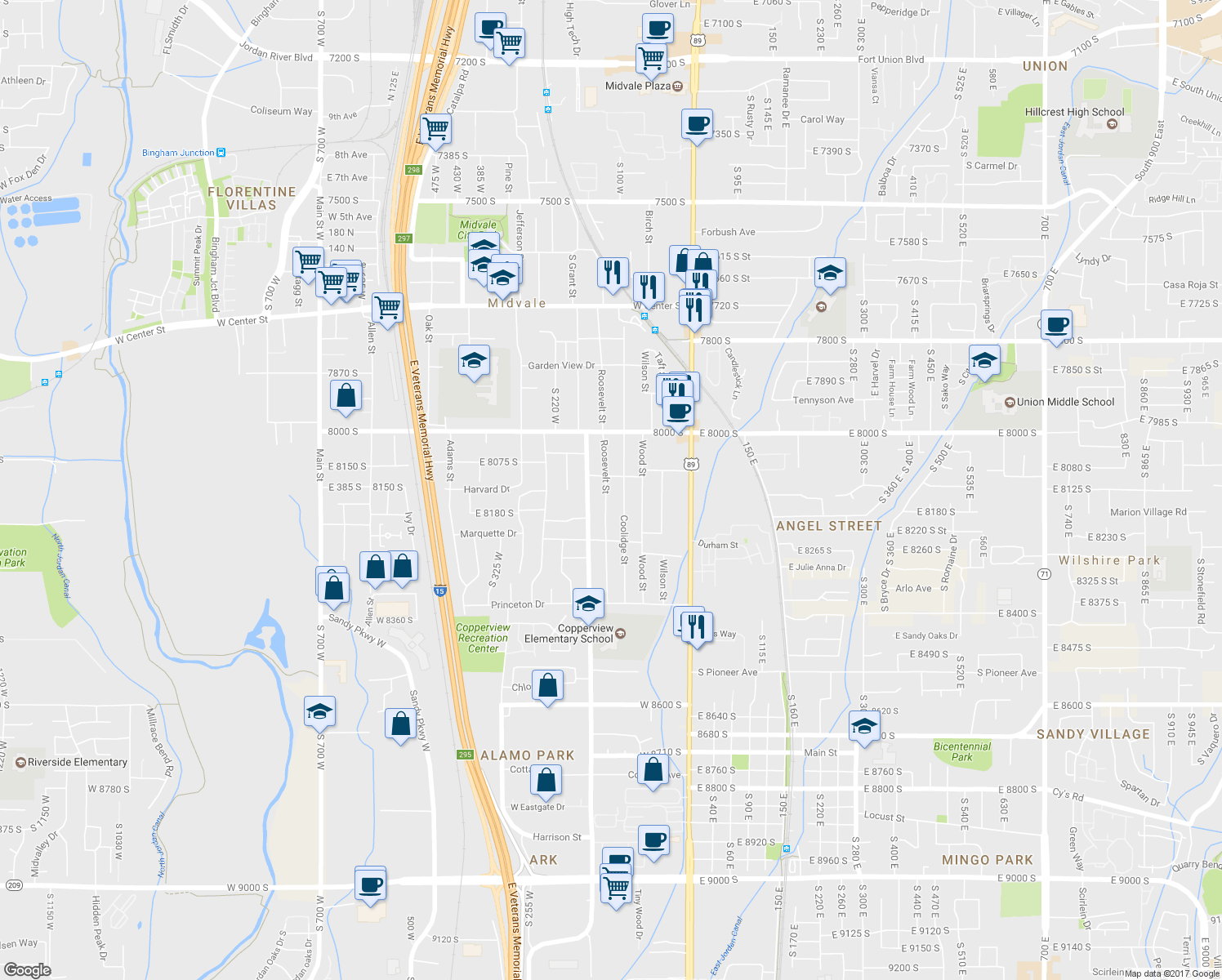 map of restaurants, bars, coffee shops, grocery stores, and more near 8147 Roosevelt Street in Midvale