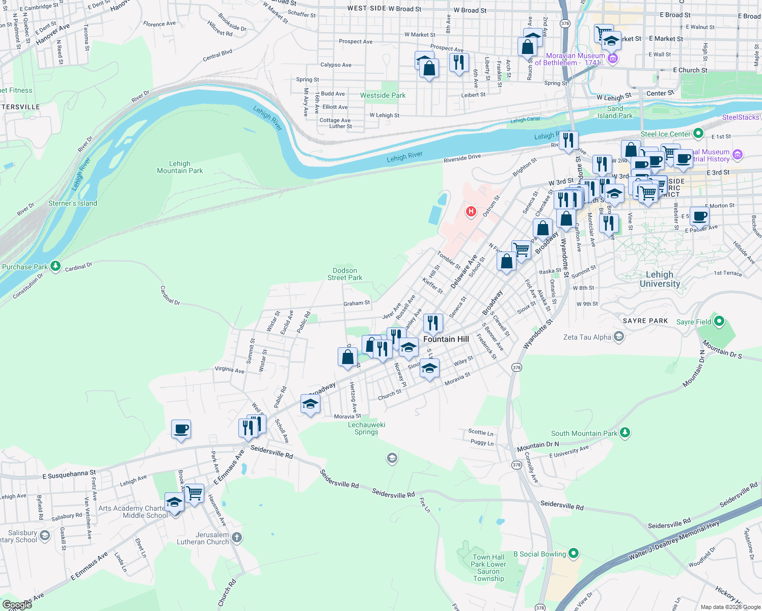 map of restaurants, bars, coffee shops, grocery stores, and more near 1226 Graham St in Fountain Hill