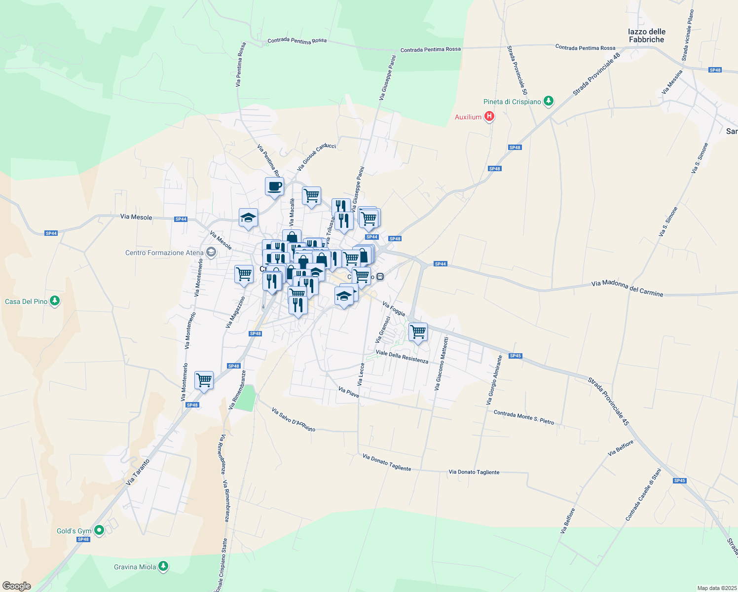 map of restaurants, bars, coffee shops, grocery stores, and more near Strada Provinciale 45 in Crispiano