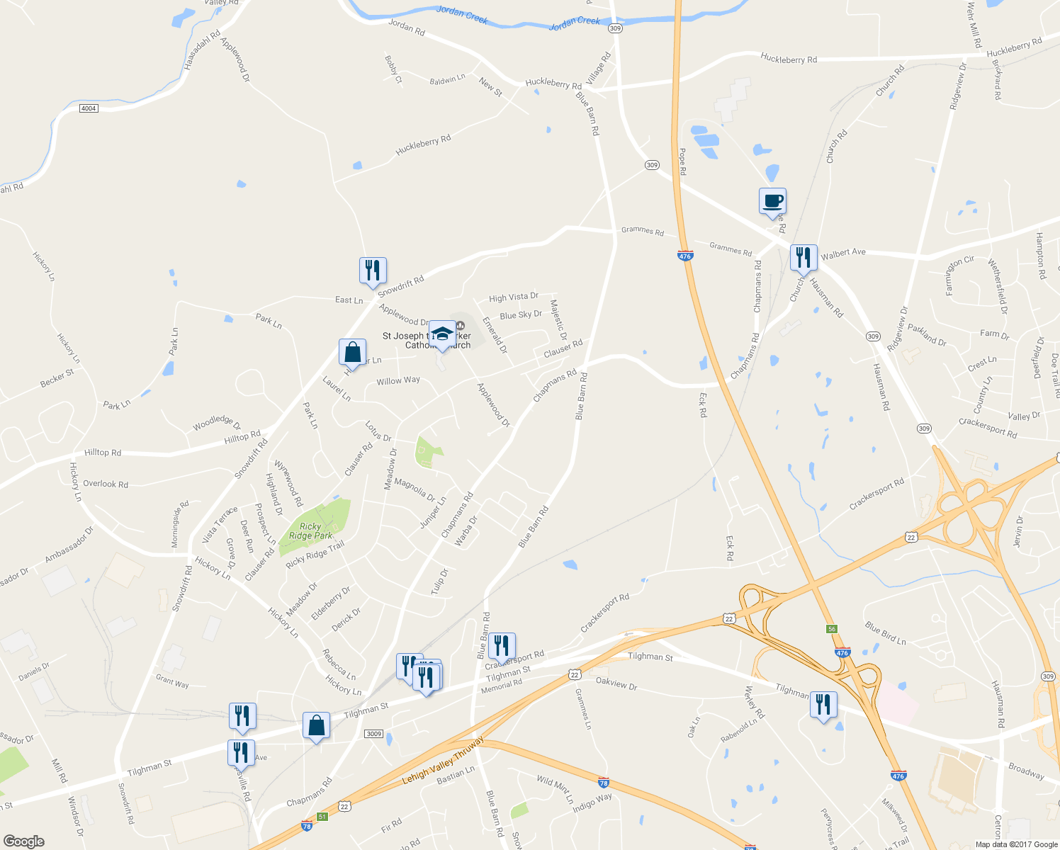 map of restaurants, bars, coffee shops, grocery stores, and more near 1638 Ressler Drive in Lehigh County