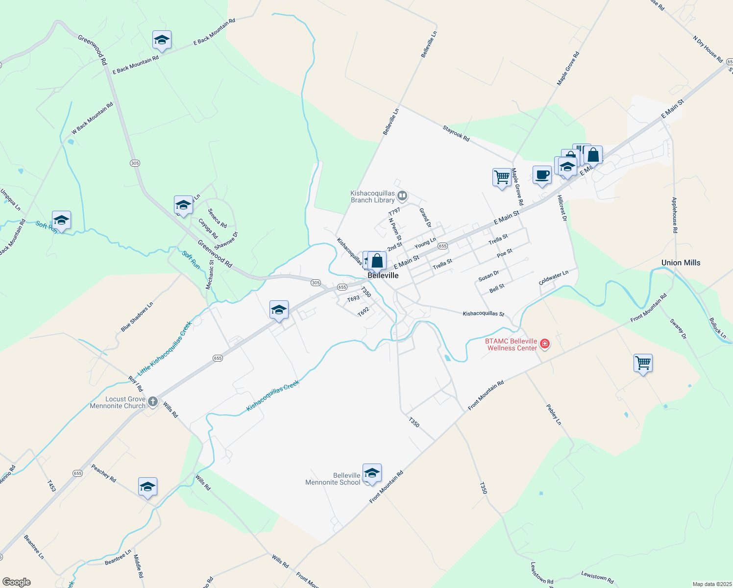 map of restaurants, bars, coffee shops, grocery stores, and more near 62 Green Street in Belleville