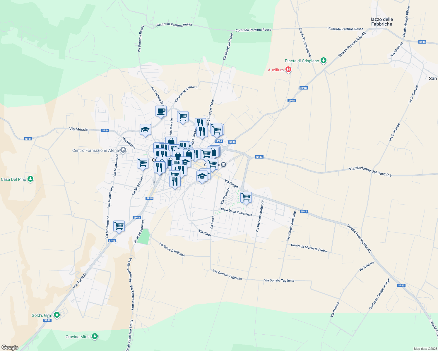 map of restaurants, bars, coffee shops, grocery stores, and more near Strada Provinciale 45 in Crispiano