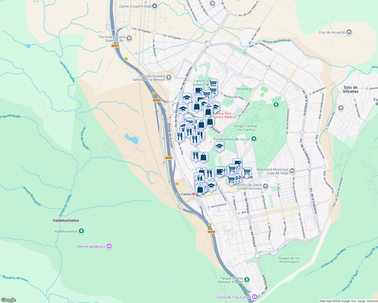 map of restaurants, bars, coffee shops, grocery stores, and more near 8 Ronda de Poniente in Tres Cantos