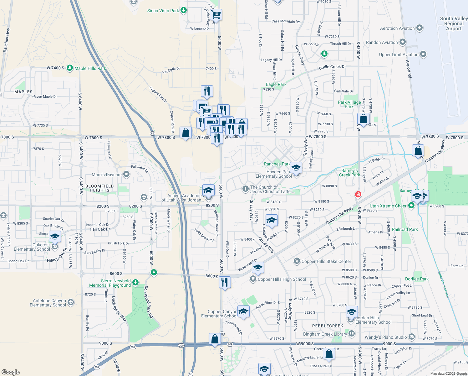 map of restaurants, bars, coffee shops, grocery stores, and more near 8092 Box Canyon Road in West Jordan