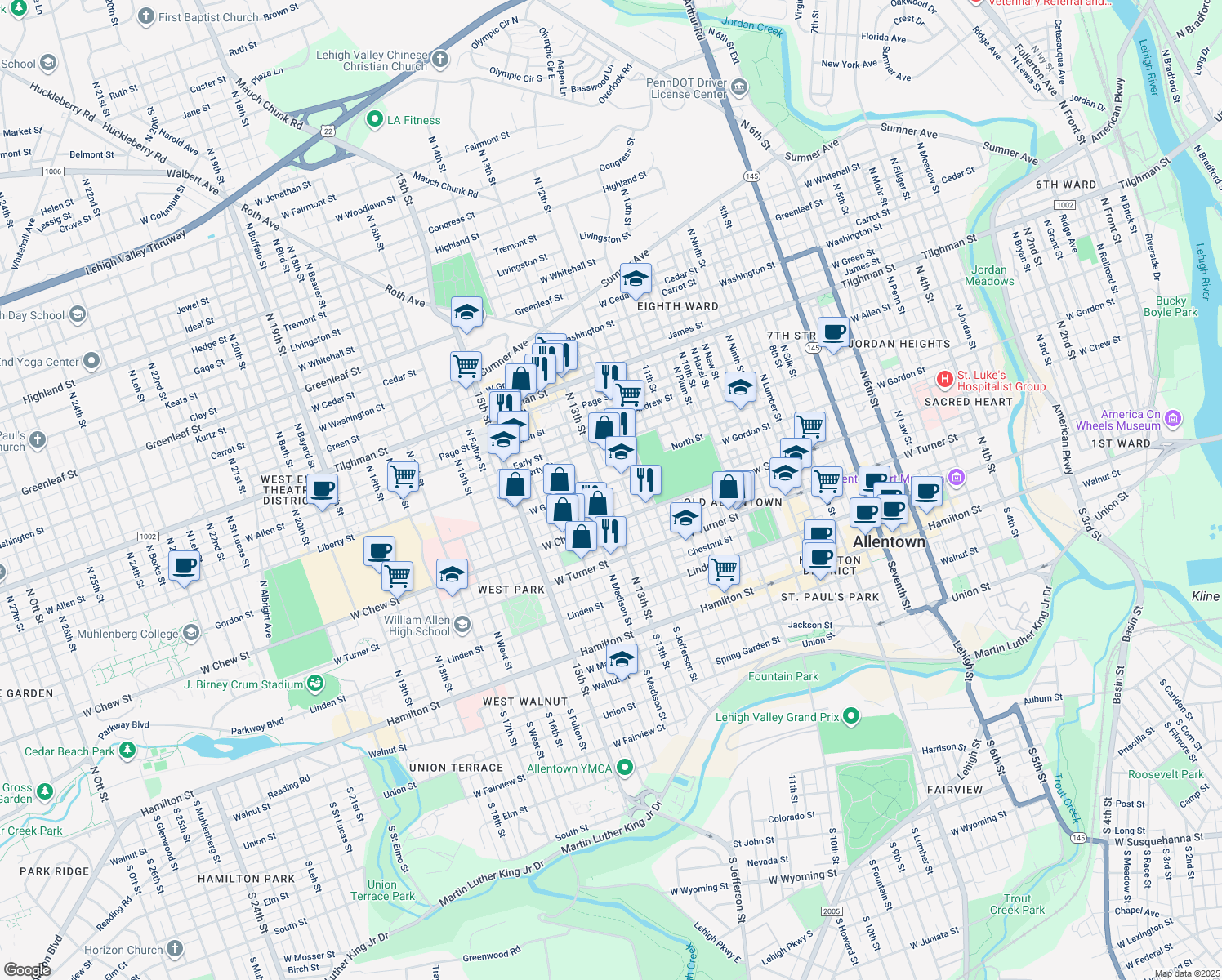 map of restaurants, bars, coffee shops, grocery stores, and more near 1246 West Gordon Street in Allentown