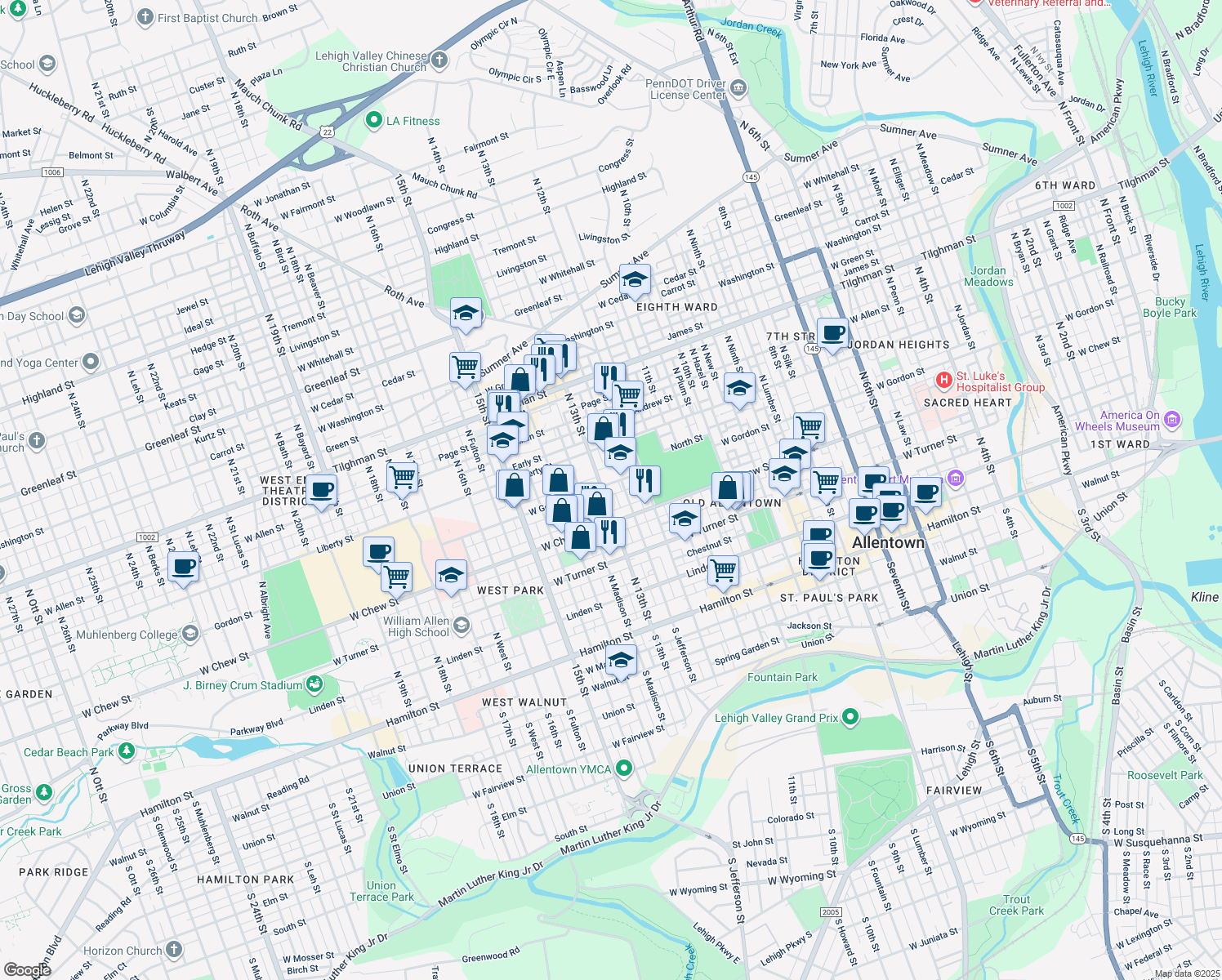 map of restaurants, bars, coffee shops, grocery stores, and more near 1244 West Gordon Street in Allentown