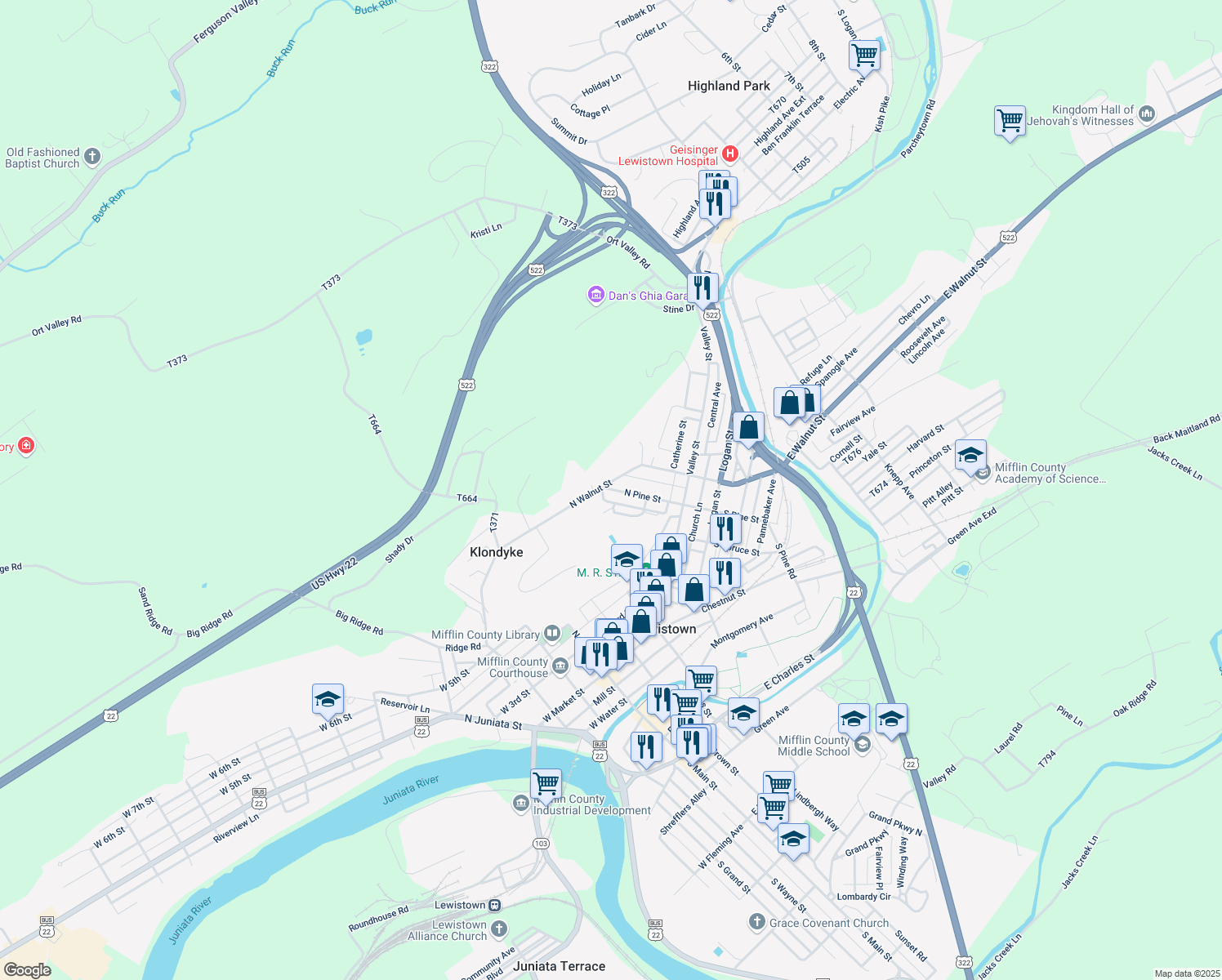 map of restaurants, bars, coffee shops, grocery stores, and more near 87 North Pine Street in Lewistown
