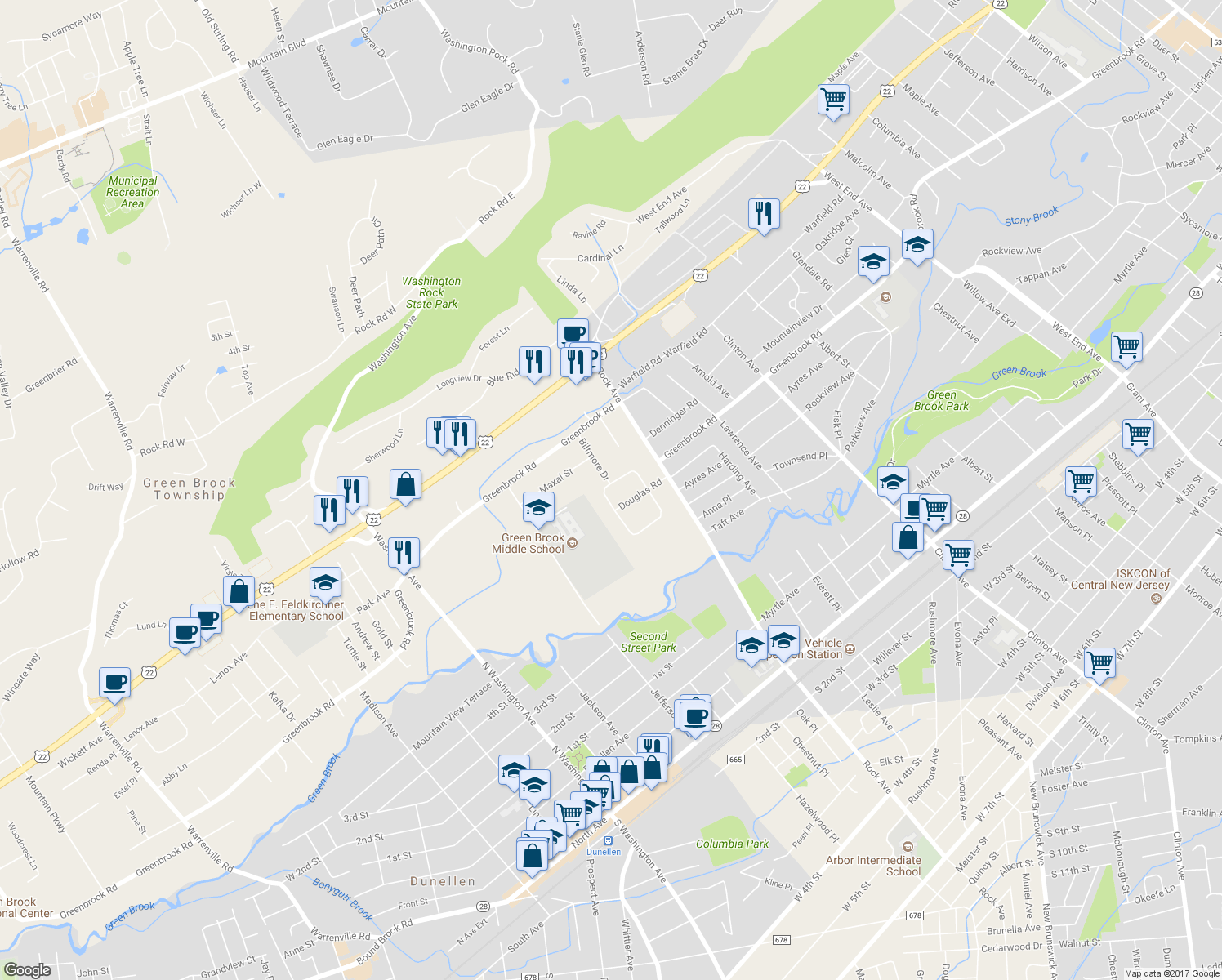 map of restaurants, bars, coffee shops, grocery stores, and more near 11 Briar Circle in Green Brook Township
