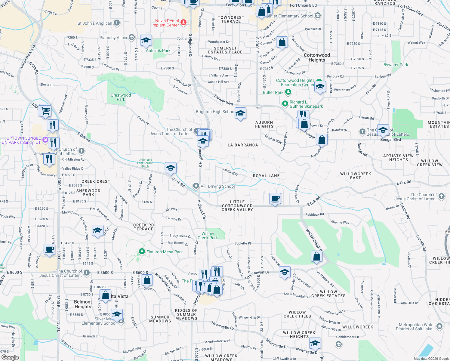 map of restaurants, bars, coffee shops, grocery stores, and more near 2147 Stream View Drive in Sandy