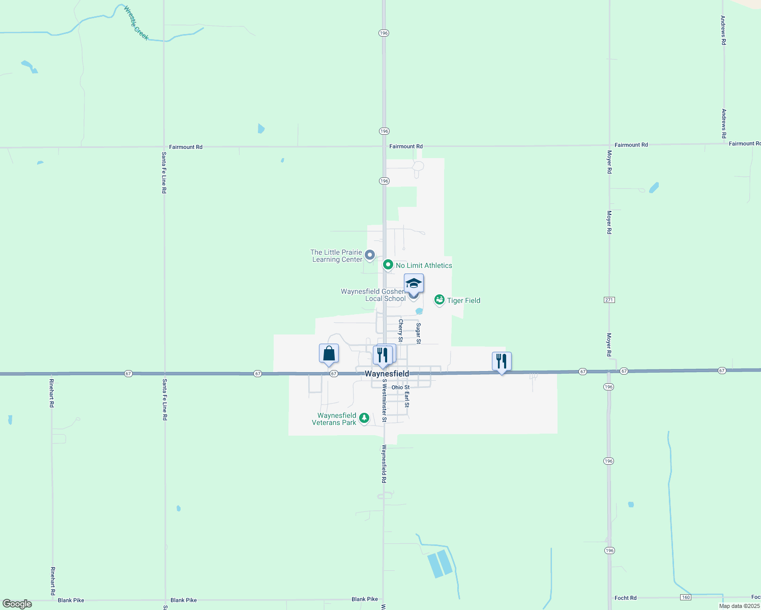 map of restaurants, bars, coffee shops, grocery stores, and more near 507 North Westminster Street in Waynesfield