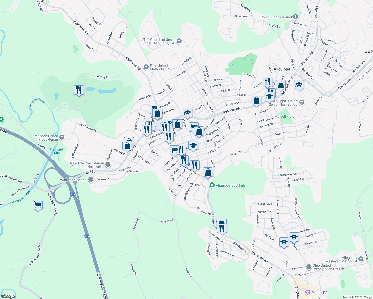 map of restaurants, bars, coffee shops, grocery stores, and more near 2119 McMinn Street in Aliquippa