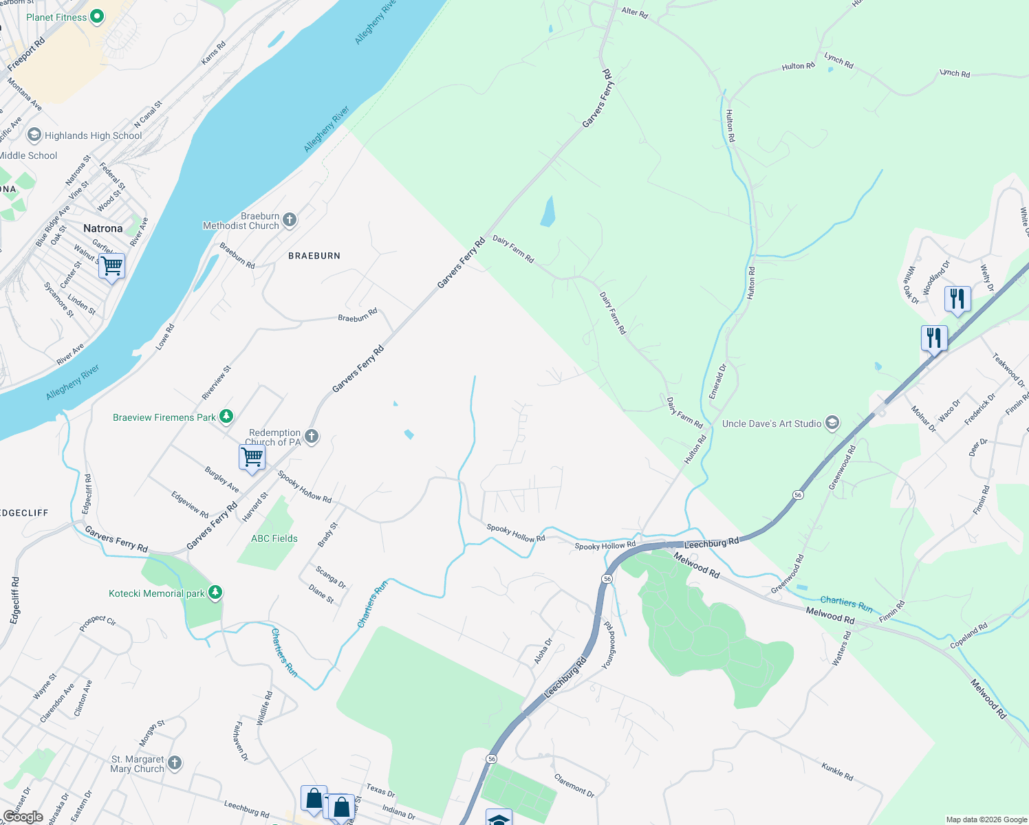 map of restaurants, bars, coffee shops, grocery stores, and more near 124 Lilac Lane in Lower Burrell