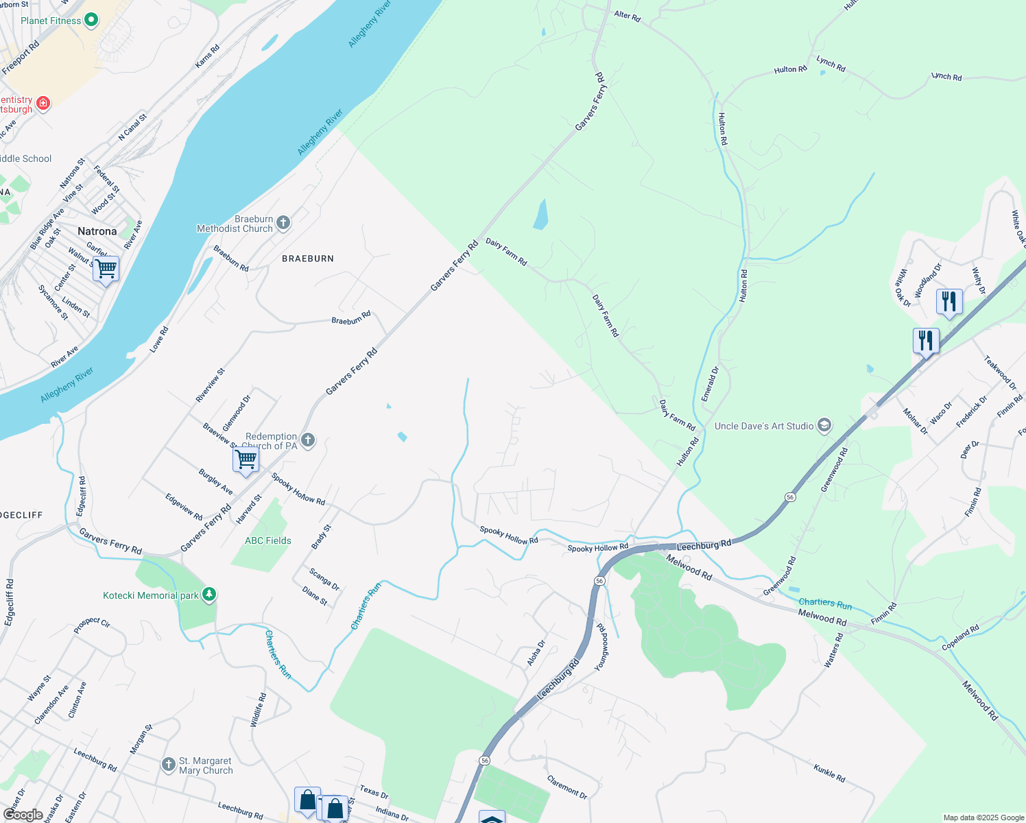 map of restaurants, bars, coffee shops, grocery stores, and more near 163 Lilac Lane in Lower Burrell