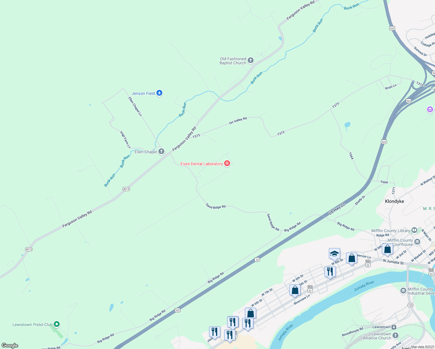 map of restaurants, bars, coffee shops, grocery stores, and more near 17 Chapel Drive in Lewistown