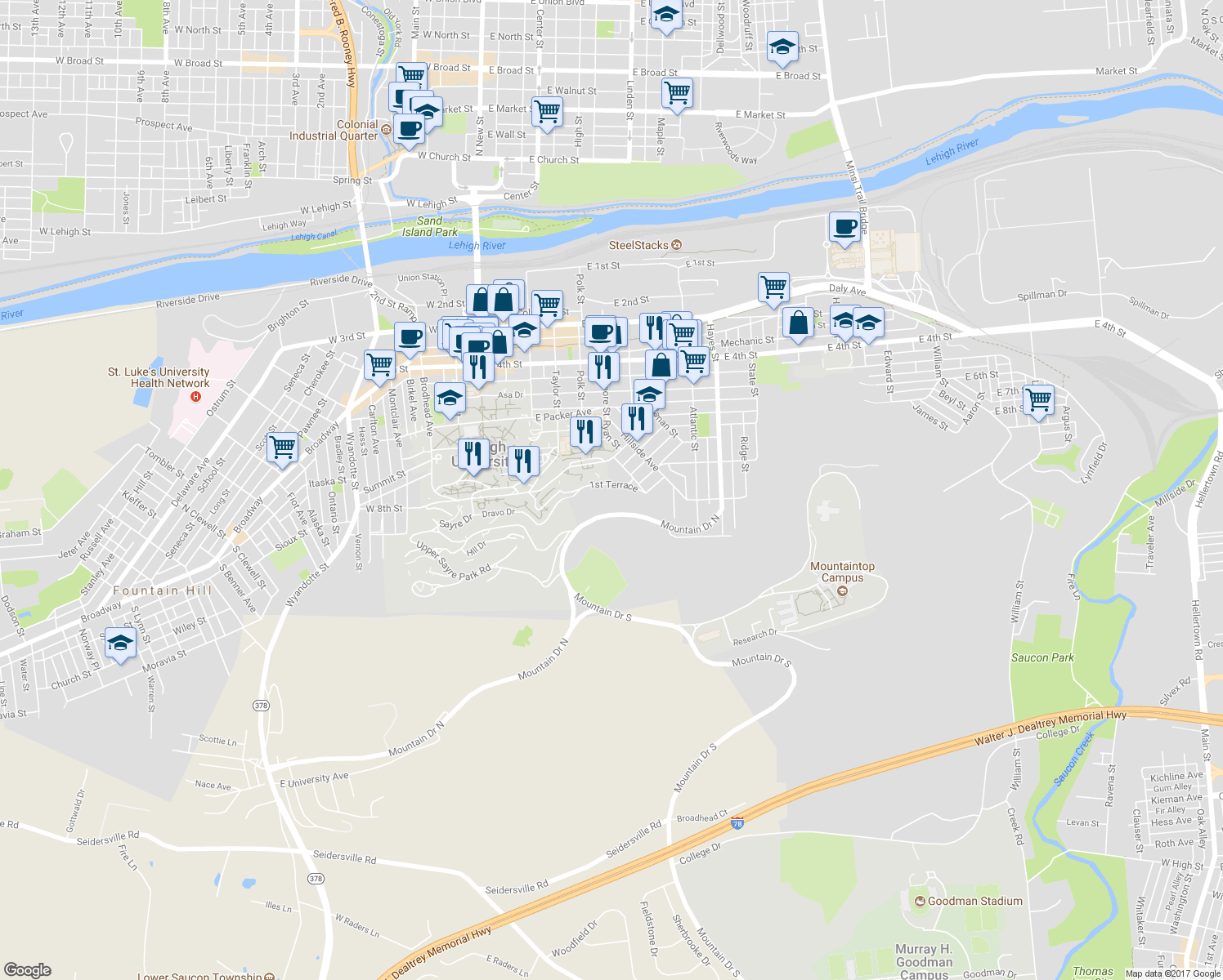 map of restaurants, bars, coffee shops, grocery stores, and more near 436 1st Terrace in Bethlehem