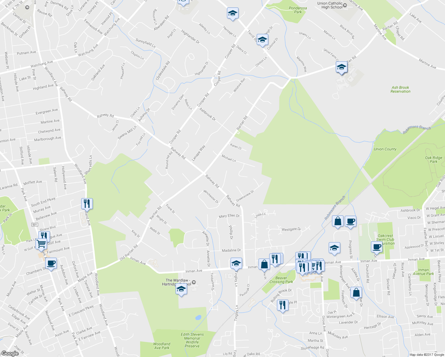 map of restaurants, bars, coffee shops, grocery stores, and more near 5 Bonus Hill Road in Scotch Plains