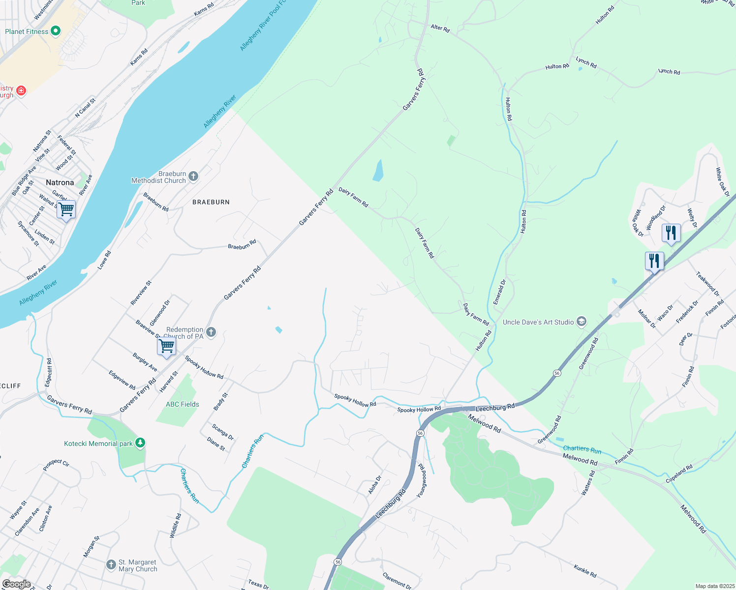 map of restaurants, bars, coffee shops, grocery stores, and more near 40 Golden Ridge Lane in New Kensington
