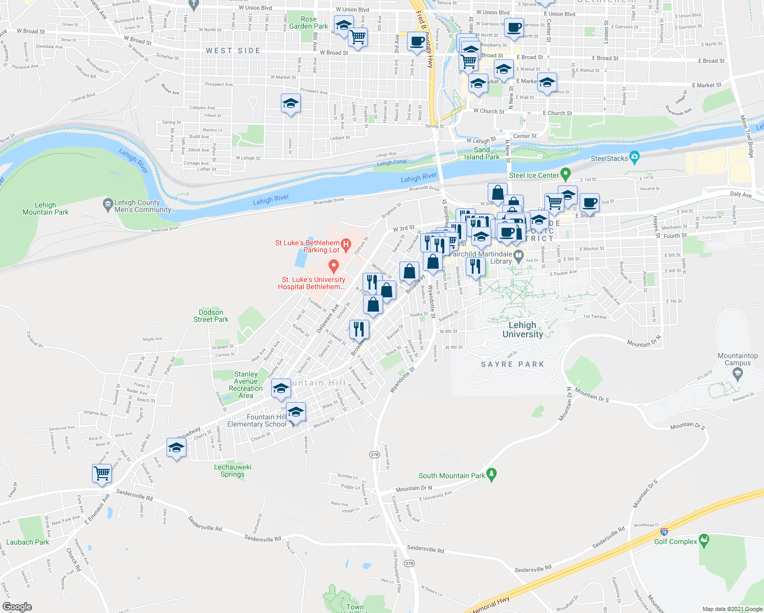 map of restaurants, bars, coffee shops, grocery stores, and more near 508 Fiot Street in Bethlehem