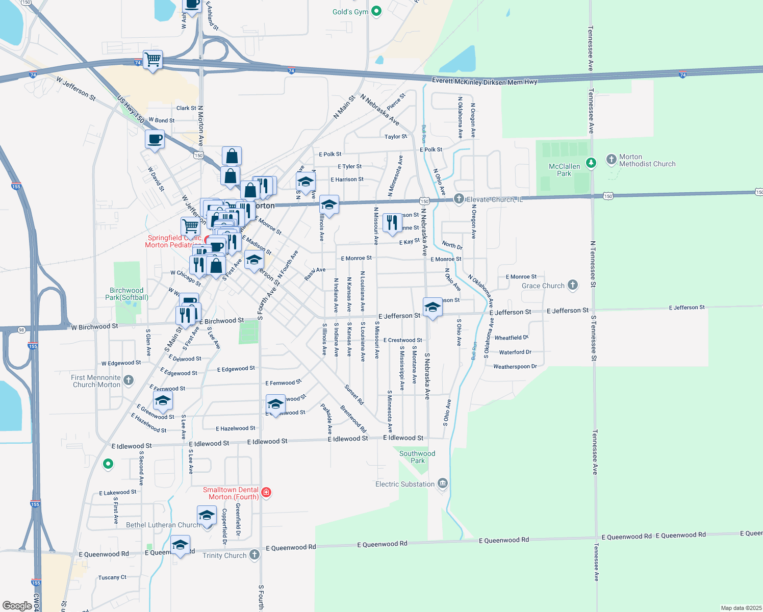 map of restaurants, bars, coffee shops, grocery stores, and more near 116 N Missouri Ave in Morton