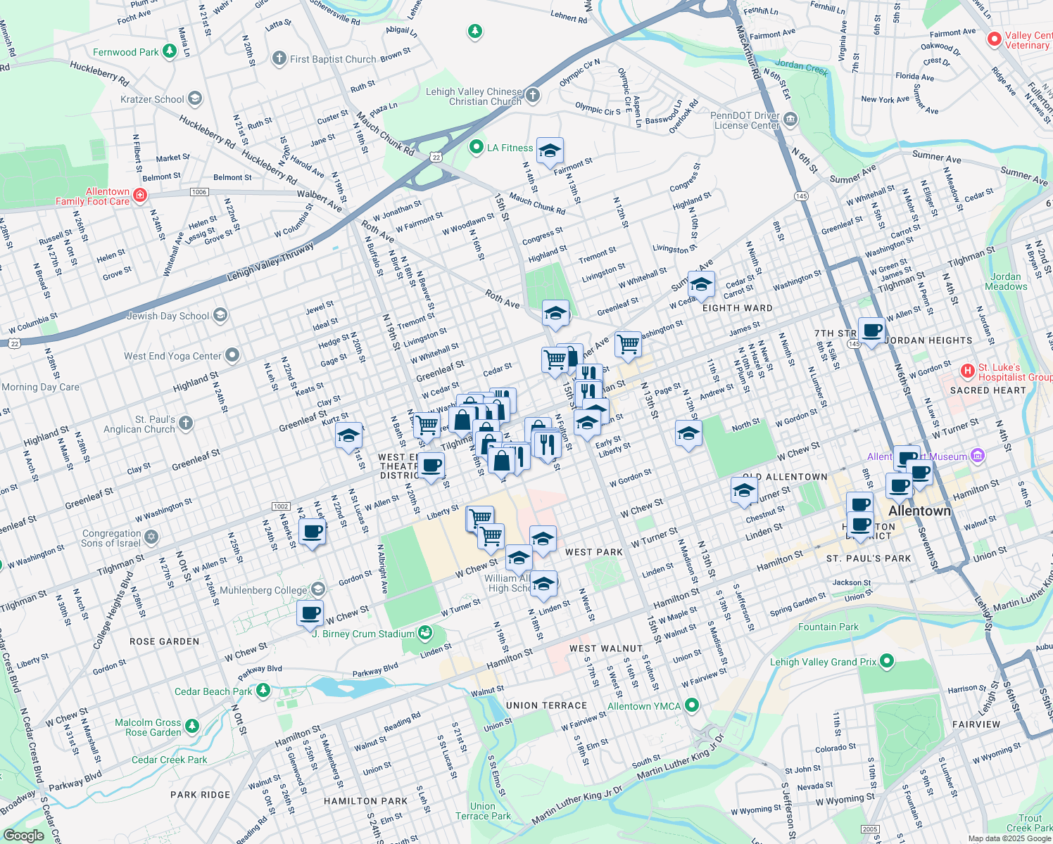 map of restaurants, bars, coffee shops, grocery stores, and more near 1620 West Tilghman Street in Allentown