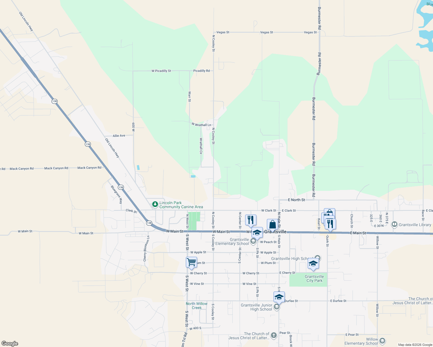 map of restaurants, bars, coffee shops, grocery stores, and more near 304 North Cooley Street in Grantsville