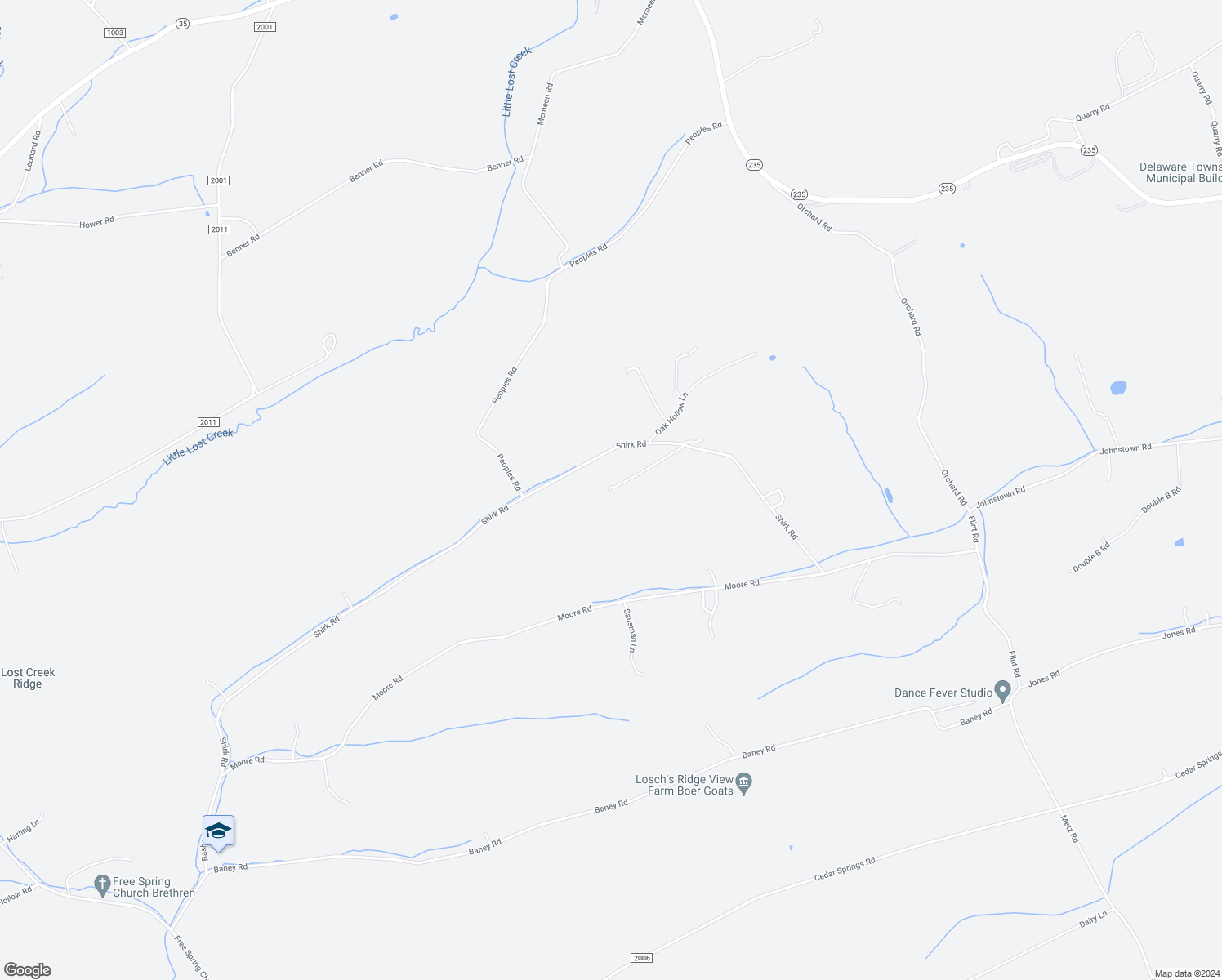 map of restaurants, bars, coffee shops, grocery stores, and more near 1692 Shirk Road in Mifflintown