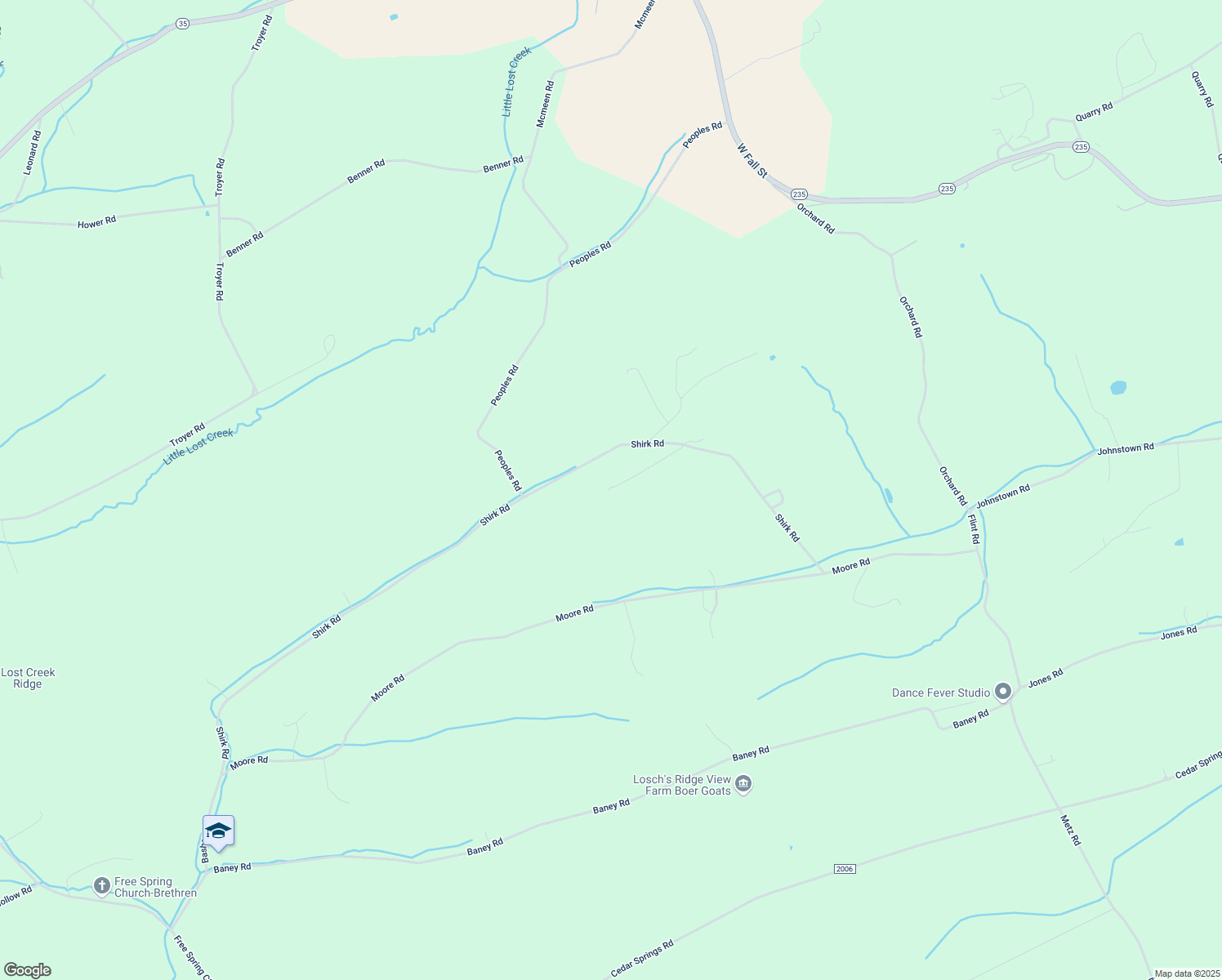map of restaurants, bars, coffee shops, grocery stores, and more near 1692 Shirk Road in Mifflintown
