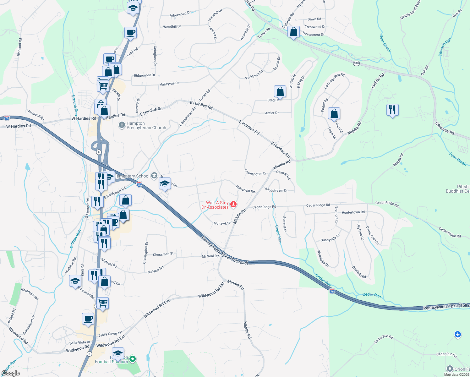 map of restaurants, bars, coffee shops, grocery stores, and more near 3179 Haberlein Road in Gibsonia