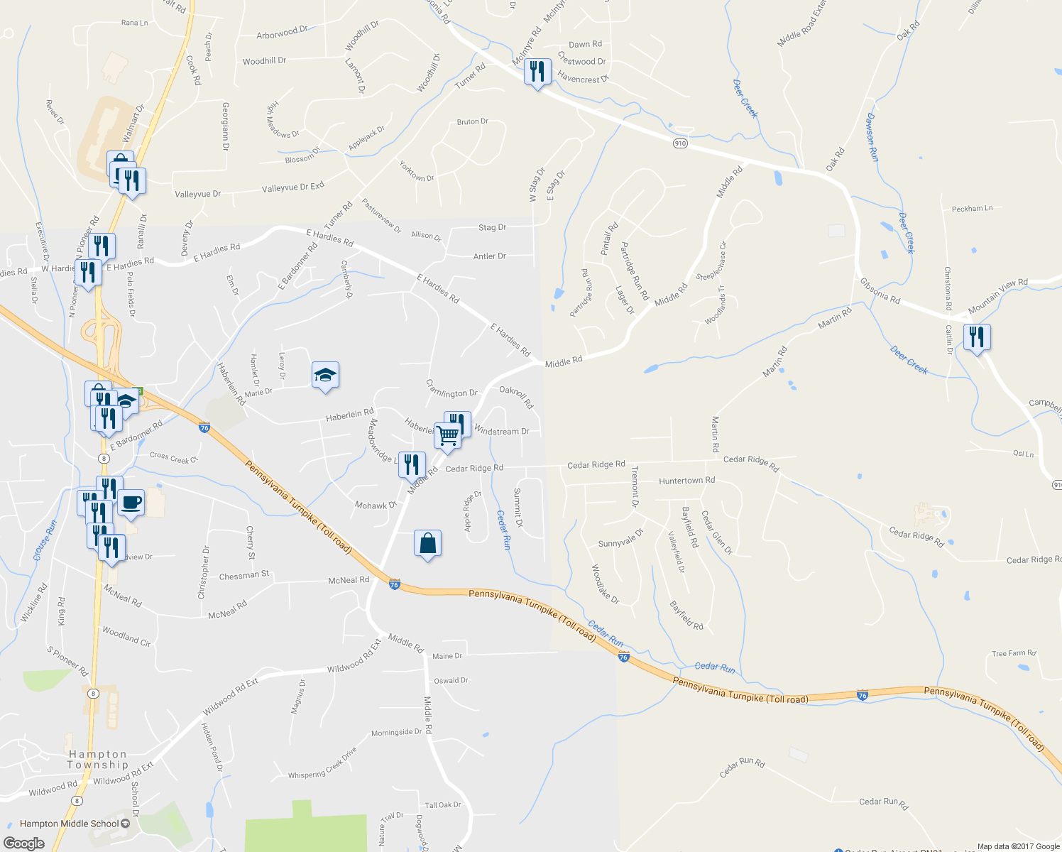 map of restaurants, bars, coffee shops, grocery stores, and more near 3347 Windstream Drive in Gibsonia