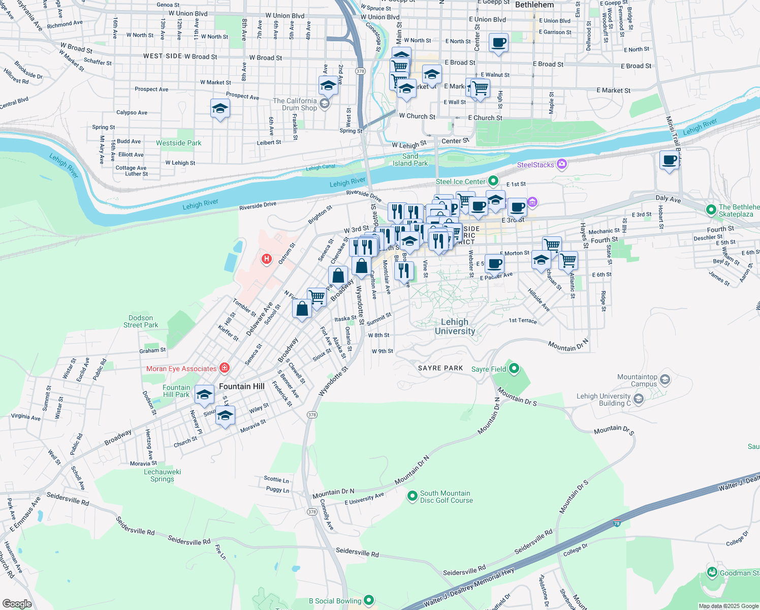 map of restaurants, bars, coffee shops, grocery stores, and more near 531 Carlton Avenue in Bethlehem