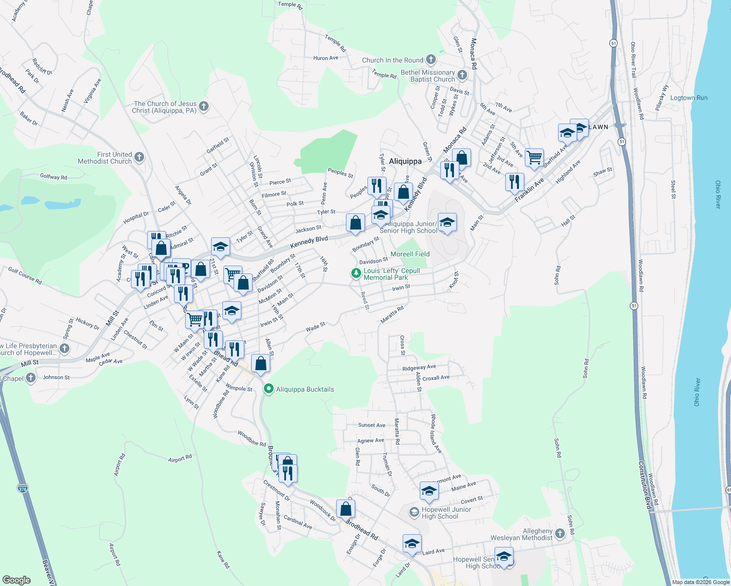 map of restaurants, bars, coffee shops, grocery stores, and more near 1320 Irwin Street in Aliquippa