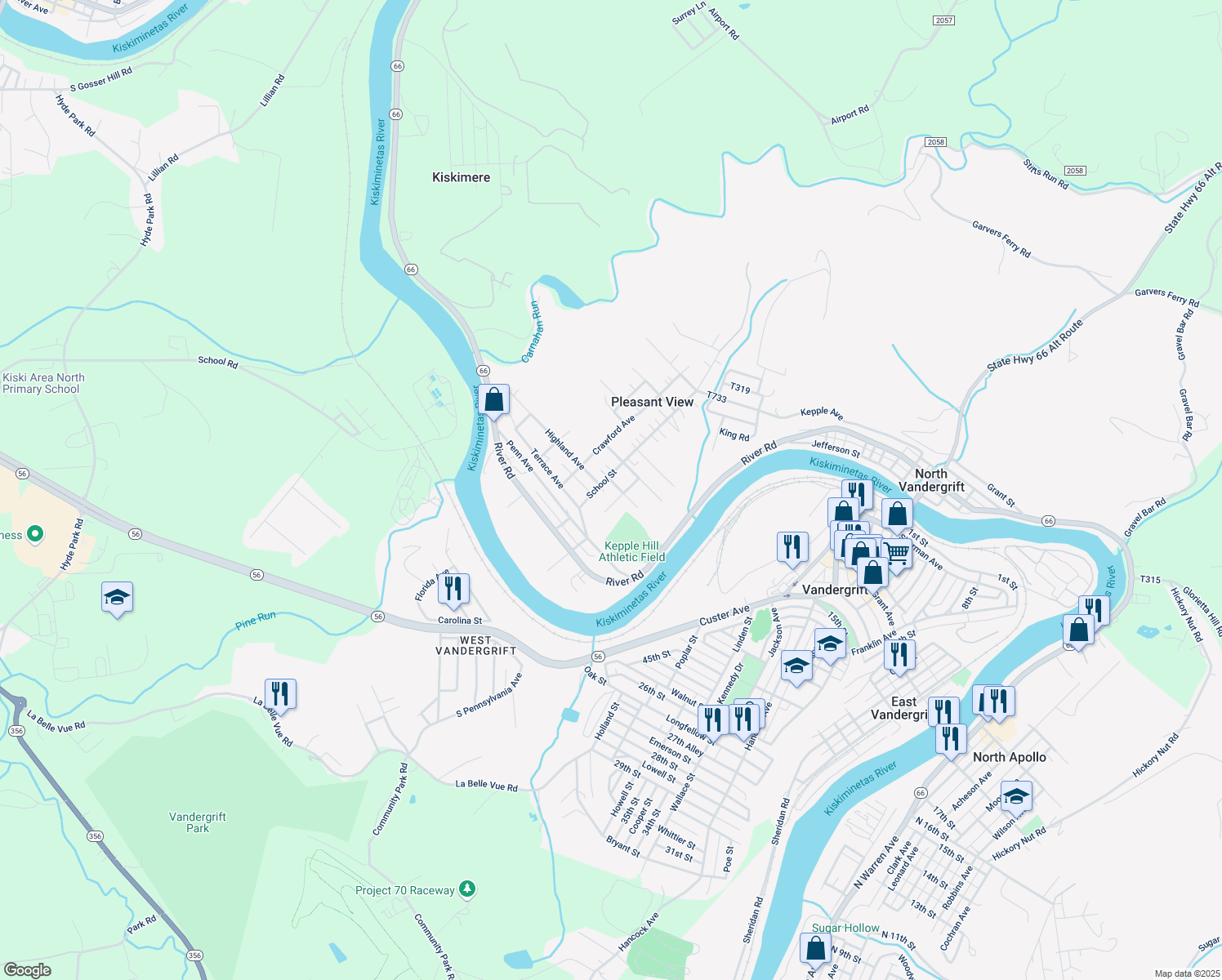 map of restaurants, bars, coffee shops, grocery stores, and more near 1116 Orchard Ave in Vandergrift