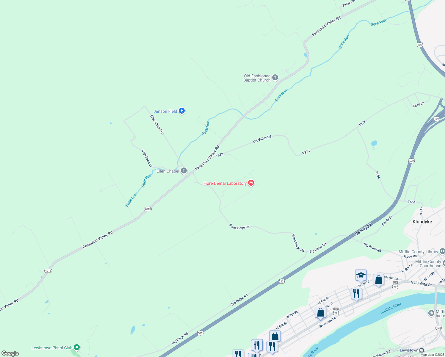 map of restaurants, bars, coffee shops, grocery stores, and more near 1 Dogwood Road in Lewistown
