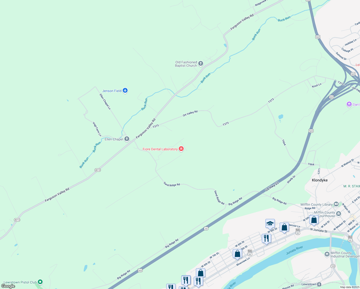 map of restaurants, bars, coffee shops, grocery stores, and more near 42 Foxfire Road in Lewistown