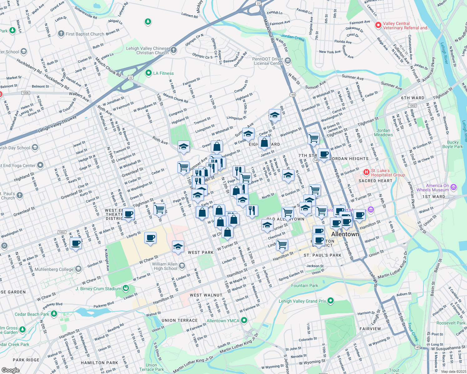map of restaurants, bars, coffee shops, grocery stores, and more near 1230 West Allen Street in Allentown
