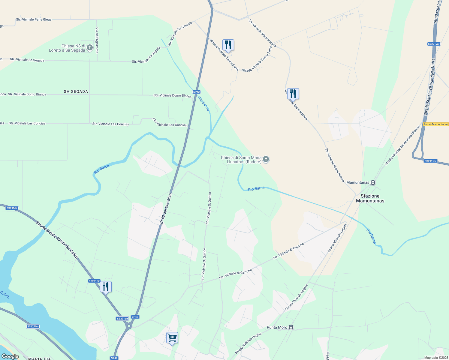 map of restaurants, bars, coffee shops, grocery stores, and more near 20 Strada Vicinale Tanca de las Figas in Città metropolitana di Sassari