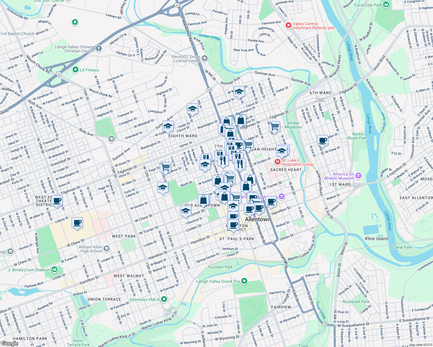 map of restaurants, bars, coffee shops, grocery stores, and more near 414 North Lumber Street in Allentown