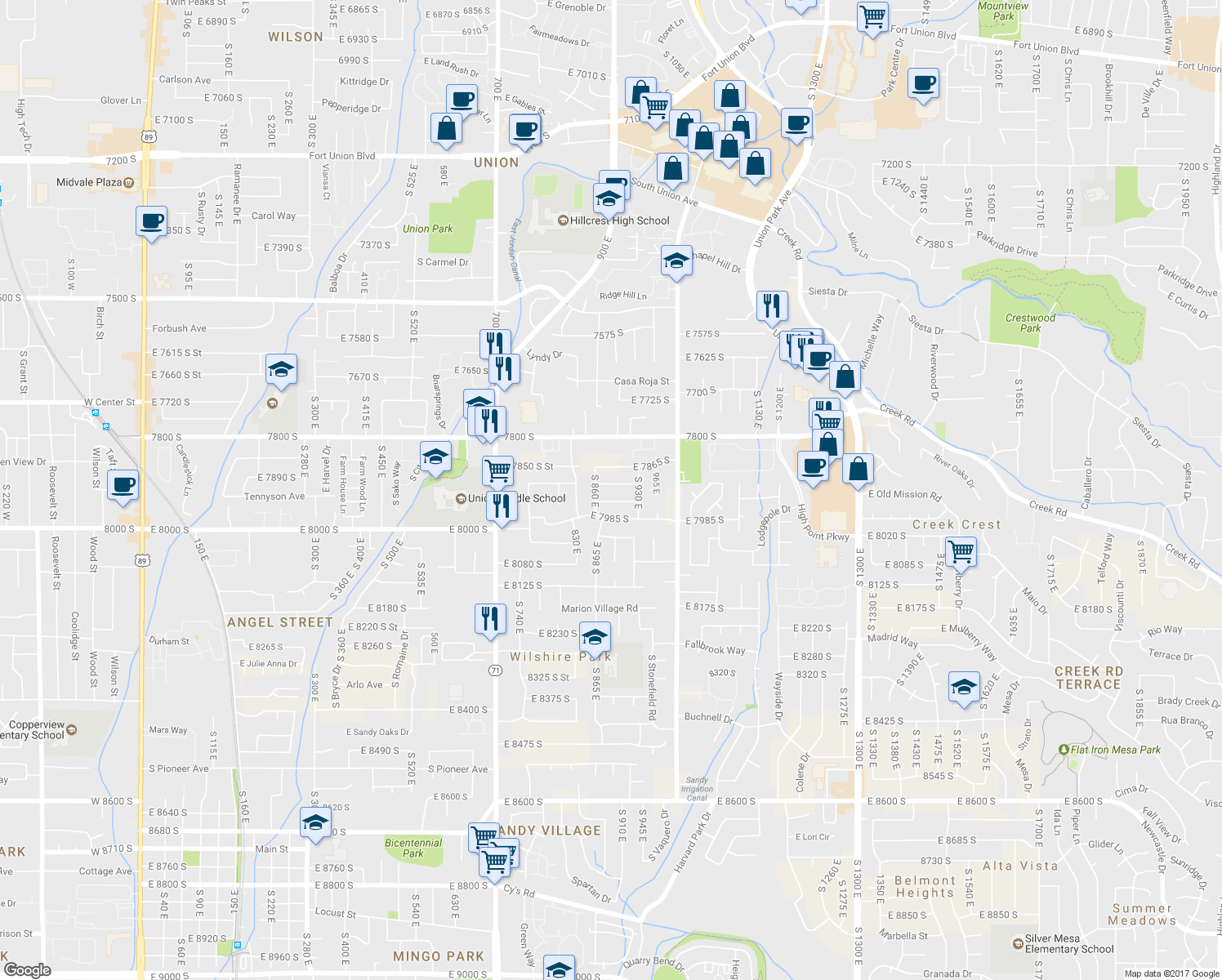 map of restaurants, bars, coffee shops, grocery stores, and more near 882 East 7905 South in Sandy