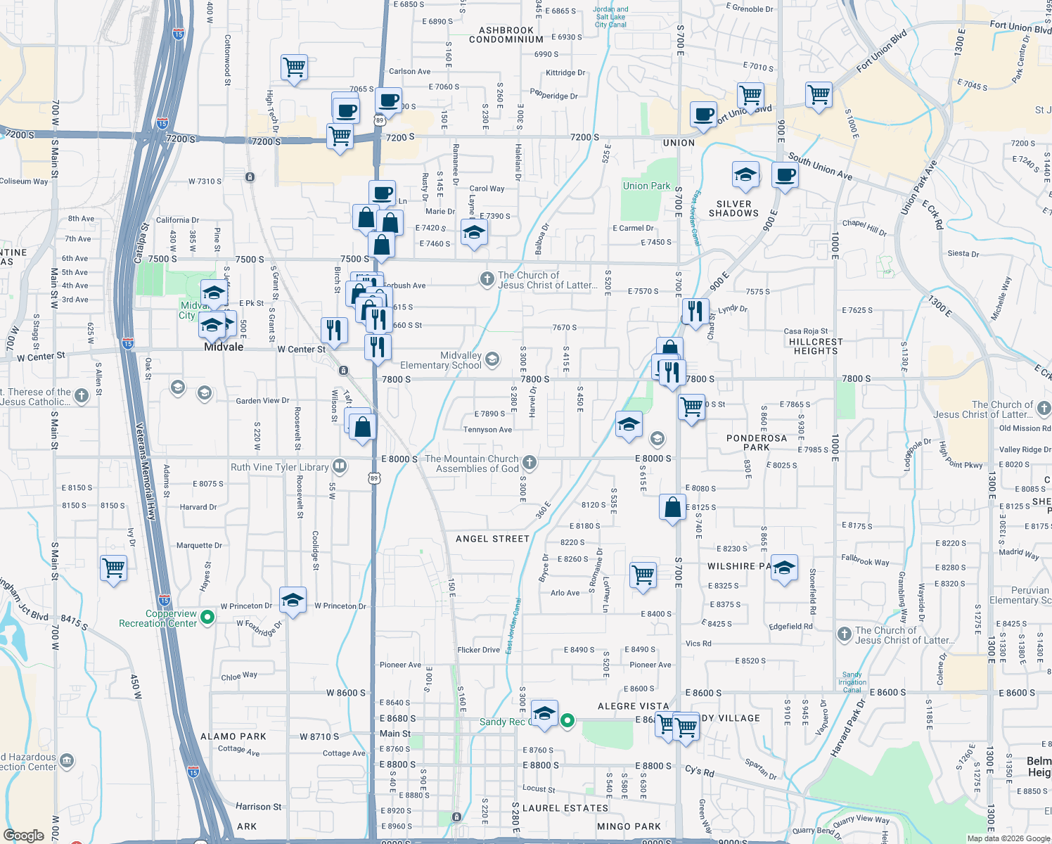 map of restaurants, bars, coffee shops, grocery stores, and more near 7914 Harvel Drive in Sandy
