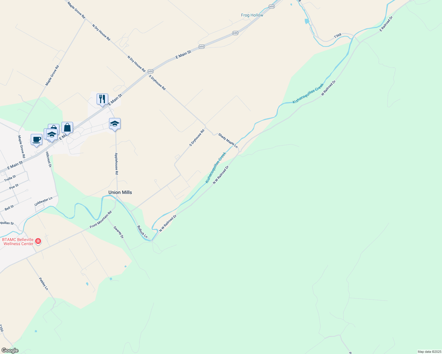 map of restaurants, bars, coffee shops, grocery stores, and more near 350 North West Railroad Drive in Belleville