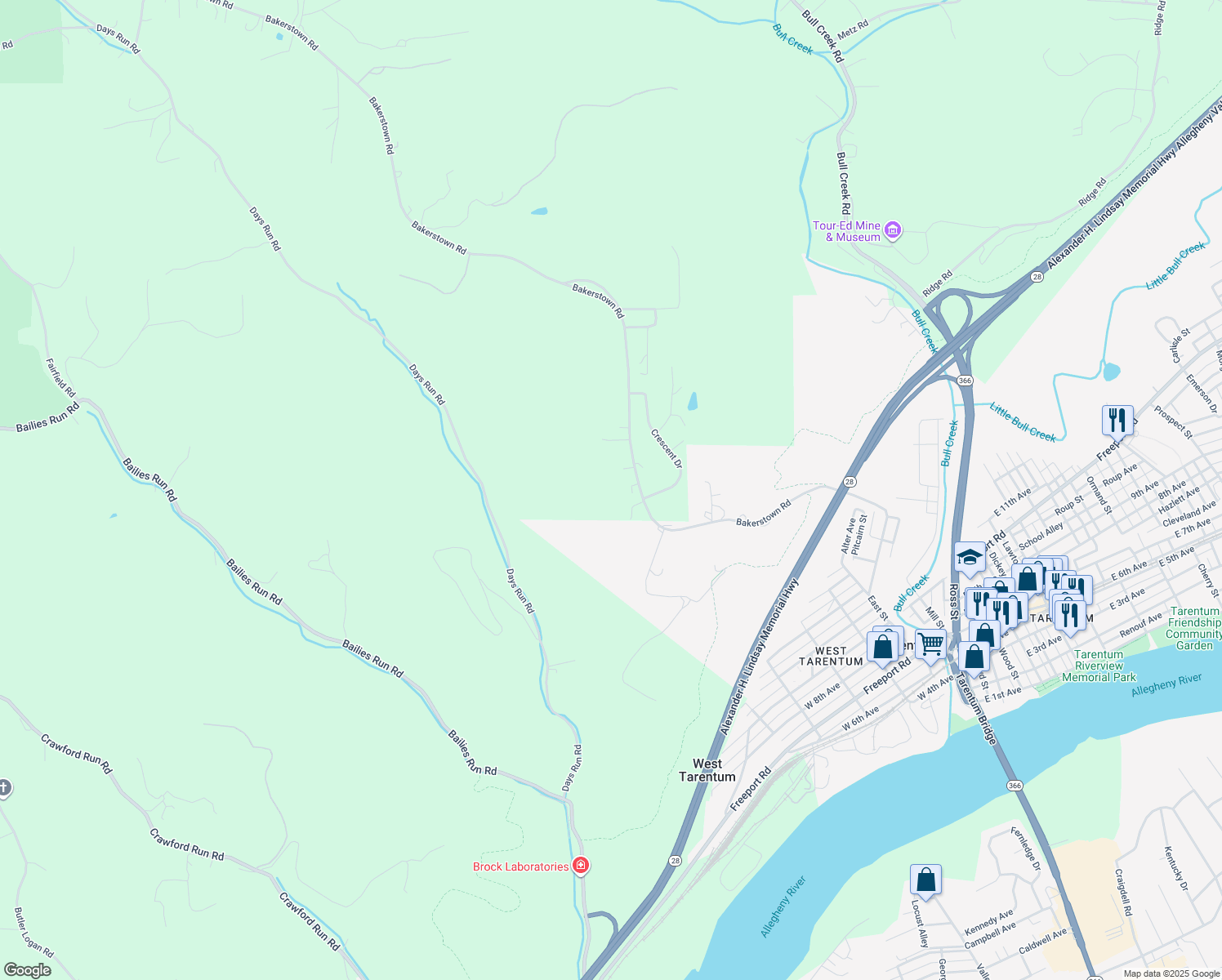 map of restaurants, bars, coffee shops, grocery stores, and more near in Tarentum