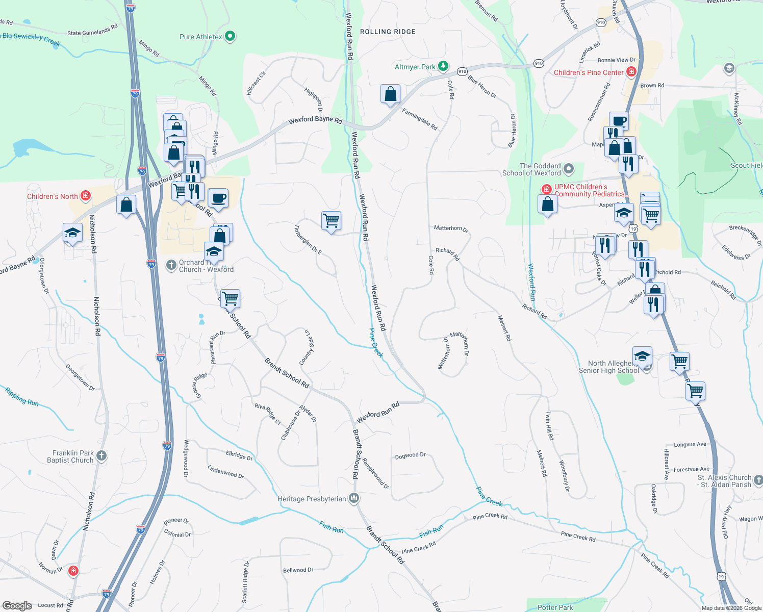 map of restaurants, bars, coffee shops, grocery stores, and more near 2560 Wexford Run Road in Wexford