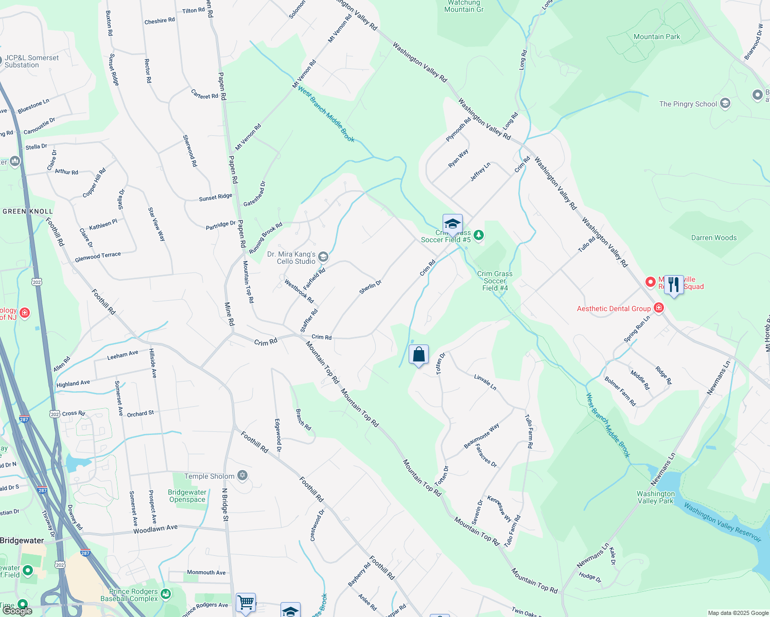 map of restaurants, bars, coffee shops, grocery stores, and more near 1215 Crim Road in Bridgewater