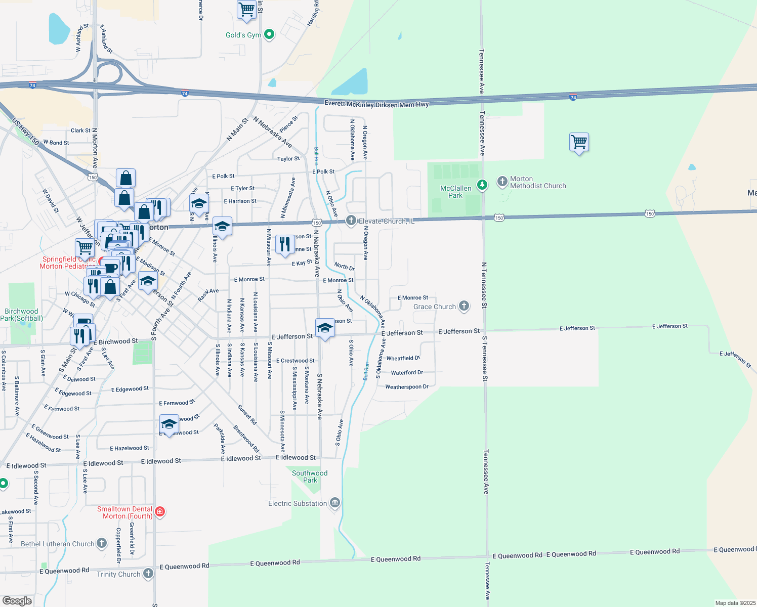 map of restaurants, bars, coffee shops, grocery stores, and more near 201 North Pocono Avenue in Morton
