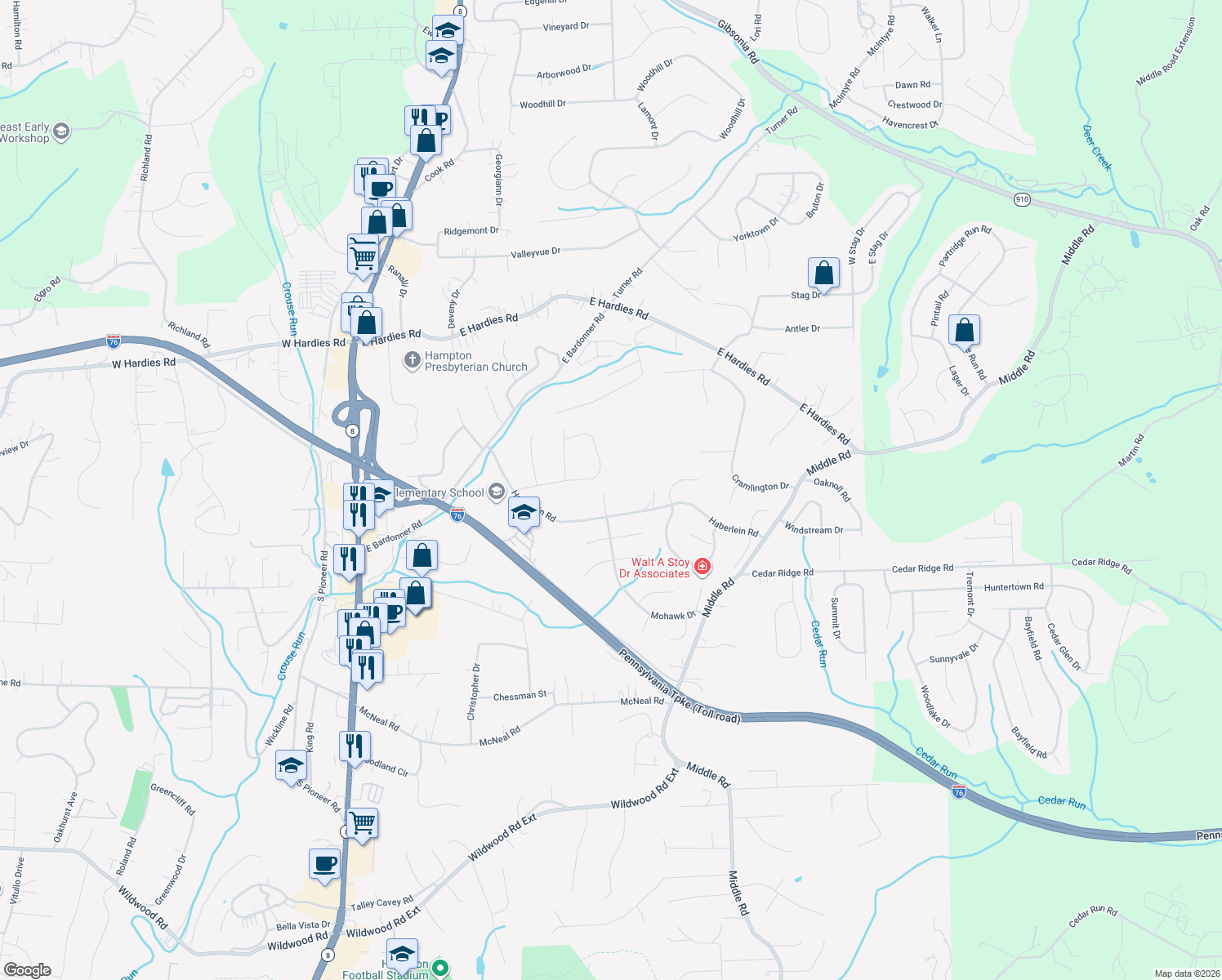 map of restaurants, bars, coffee shops, grocery stores, and more near 3100 Haberlein Road in Gibsonia