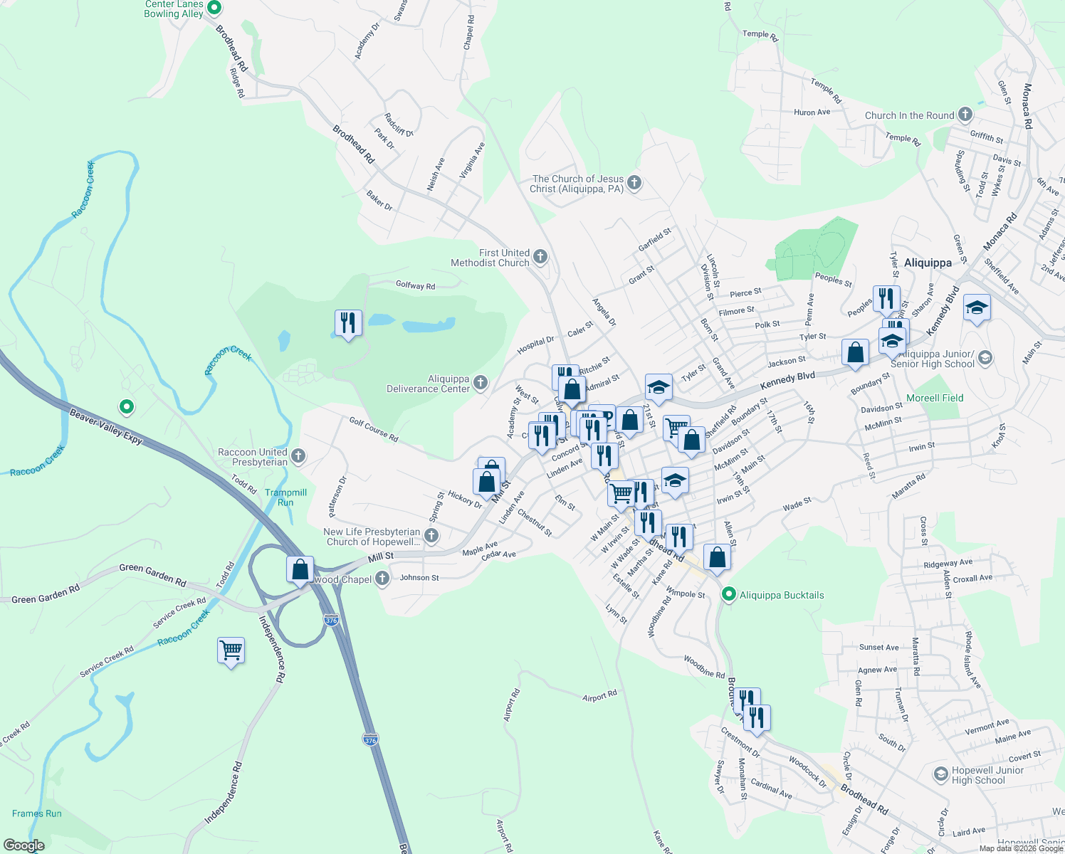 map of restaurants, bars, coffee shops, grocery stores, and more near 2368 Carmel Street in Aliquippa
