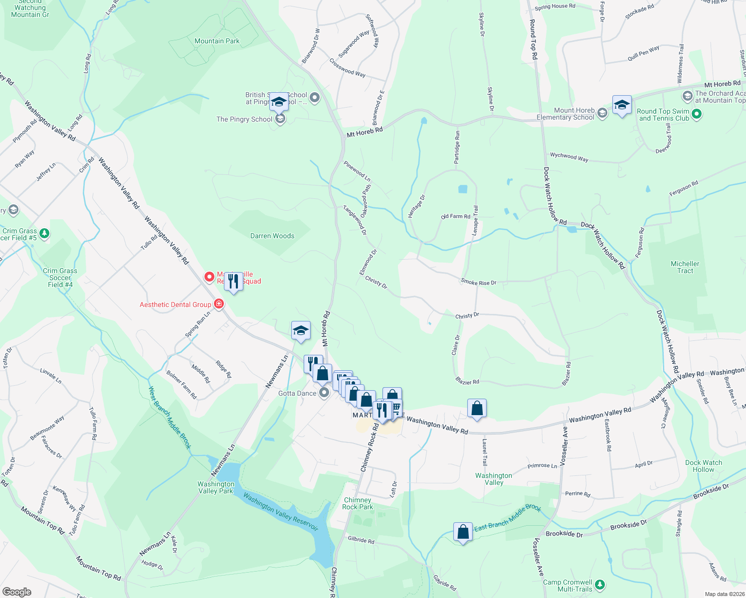 map of restaurants, bars, coffee shops, grocery stores, and more near 5 Tower Rd in Bridgewater