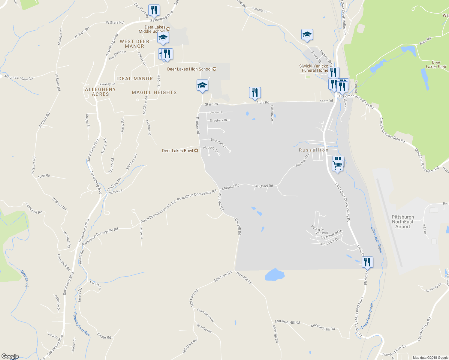 map of restaurants, bars, coffee shops, grocery stores, and more near 339 East Union Road in Cheswick